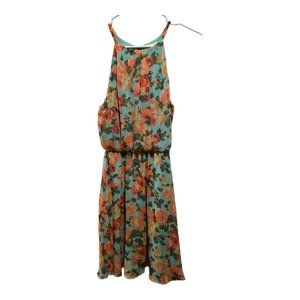 Lush Light Teal and Orange Floral, Sleeveless Summer Dress, Size Small